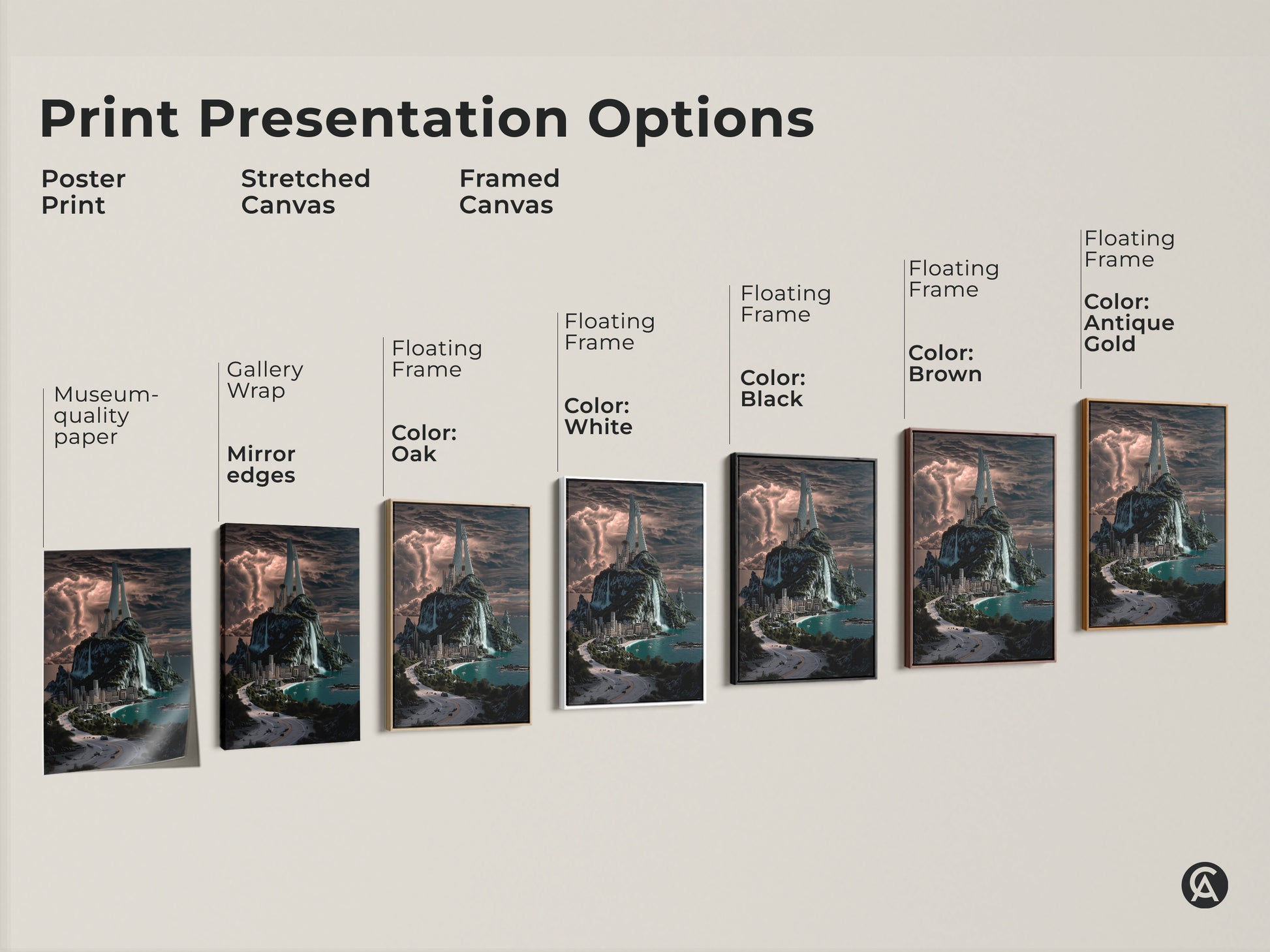 Print presentation options poster print stretched canvas and framed canvas. Museum-quality paper with gallery wrap and mirror edges. Floating frame color options. Elevate your walls today.