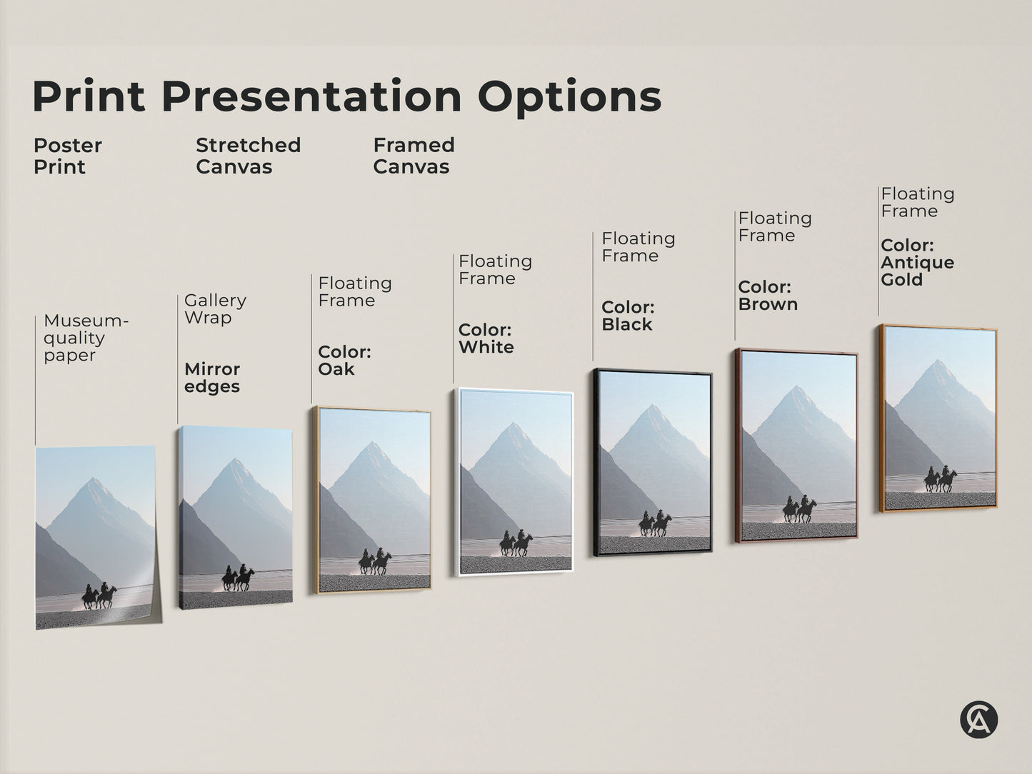 Sizing guide for vertical minimalist art prints. Showcases various sizes for canvas and poster prints. Features a cowboy and horse art with a misty blue mountain landscape. Find the perfect fit for your space from small to large sizes. Home and living room decor.