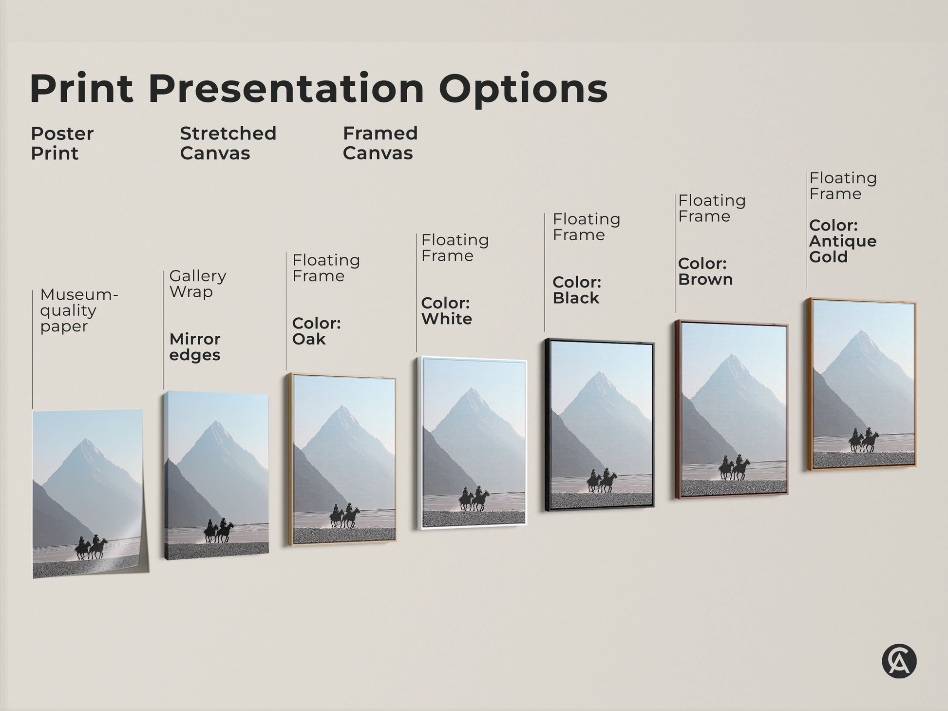 Sizing guide for vertical minimalist art prints. Showcases various sizes for canvas and poster prints. Features a cowboy and horse art with a misty blue mountain landscape. Find the perfect fit for your space from small to large sizes. Home and living room decor.