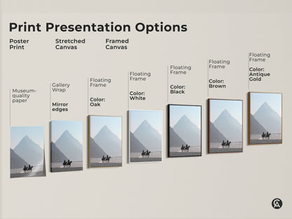 Sizing guide for vertical minimalist art prints. Showcases various sizes for canvas and poster prints. Features a cowboy and horse art with a misty blue mountain landscape. Find the perfect fit for your space from small to large sizes. Home and living room decor.