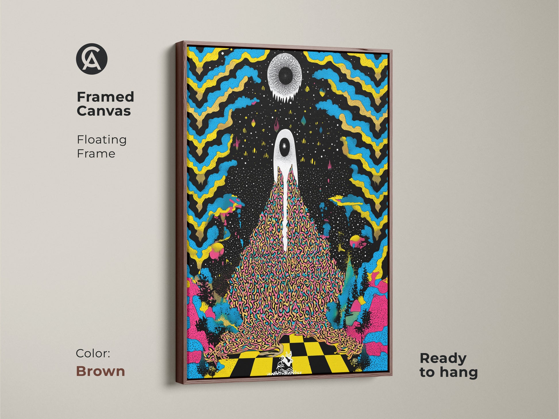 Brown framed canvas displays psychedelic eye wall art. This surreal abstract canvas print is ready to hang. The trippy blue and yellow artwork is eclectic black home decor. This modern surreal art is a graphic poster.