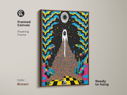 Brown framed canvas displays psychedelic eye wall art. This surreal abstract canvas print is ready to hang. The trippy blue and yellow artwork is eclectic black home decor. This modern surreal art is a graphic poster.