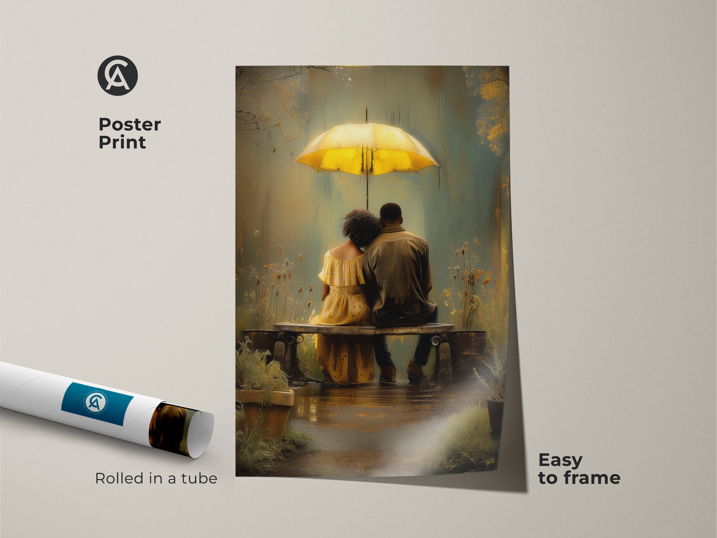 Poster print of a couple under a yellow umbrella art. This romantic rainy day canvas is easy to frame. The bohemian wall art decor is rolled in a tube for protection. This yellow teal art print is perfect for home decor art print.