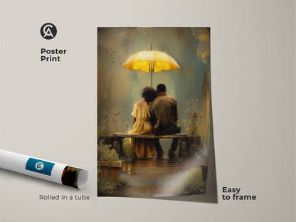 Poster print of a couple under a yellow umbrella art. This romantic rainy day canvas is easy to frame. The bohemian wall art decor is rolled in a tube for protection. This yellow teal art print is perfect for home decor art print.