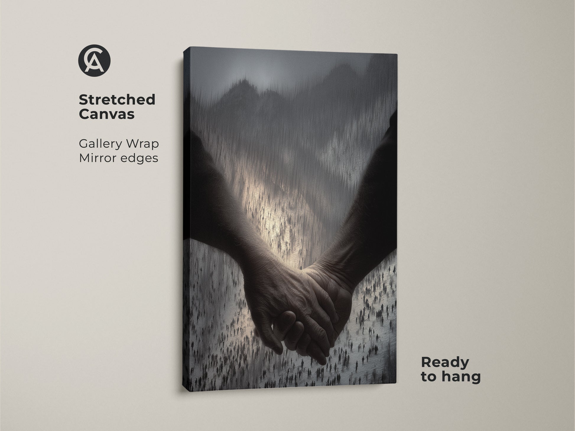 Stretched canvas showcasing abstract figurative wall art. The black and gray tones show a couple holding hands. Perfect as a contemporary bedroom decor piece. This minimalist couple artwork adds a touch of symbolic art to any wall. Ready to hang with gallery wrap mirror edges.