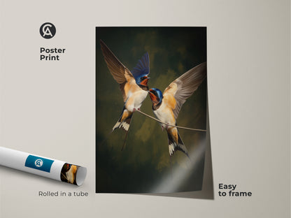 A poster print of realistic swallows rolled in a tube and easy to frame. This classical bird art makes nature wall art decor simple. The brown blue green artwork offers a traditional home decor gift. This wildlife artwork is for sale as an animal art print gift. Ornithology wall art perfect as a bird lover present idea.