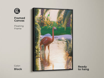 This framed canvas features vibrant flamingo artwork ready to hang. The floating frame in black enhances the tropical nature canvas art. See the surreal flamingo in a lush palm tree scene. Coral orange green artwork adds a boho chic touch. Perfect for animal lovers seeking nature inspired wall art.