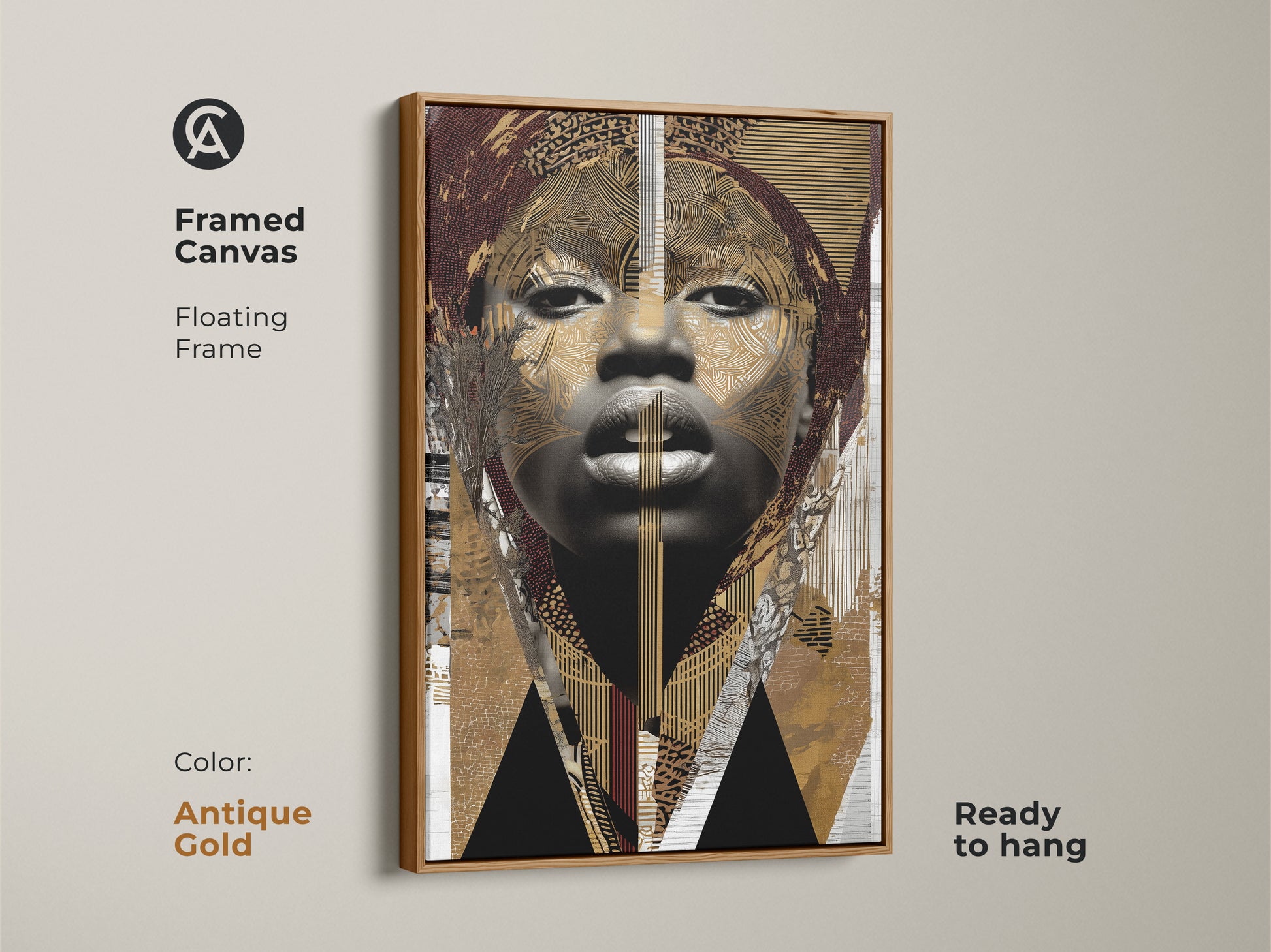 Framed canvas featuring an abstract woman portrait. This antique gold tribal art print is modern eclectic wall art. It is ready to hang and has a floating frame for sophisticated look.