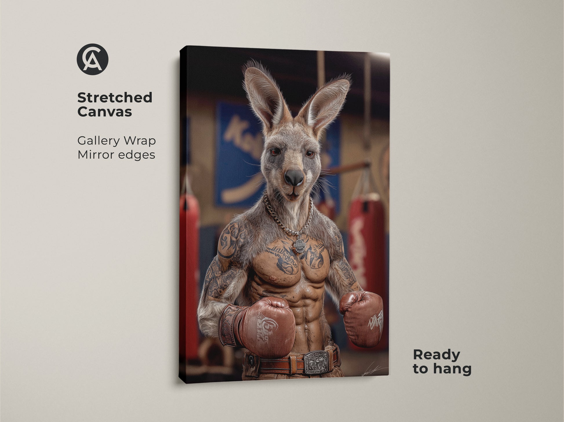Stretched canvas print displays a tattoo kangaroo boxer. Gallery wrapped with mirrored edges this artwork is ready to hang. The funny animal wall art suits an industrial loft. Perfect man cave canvas art for sports fans seeking a unique gift. It features a tan and red color scheme