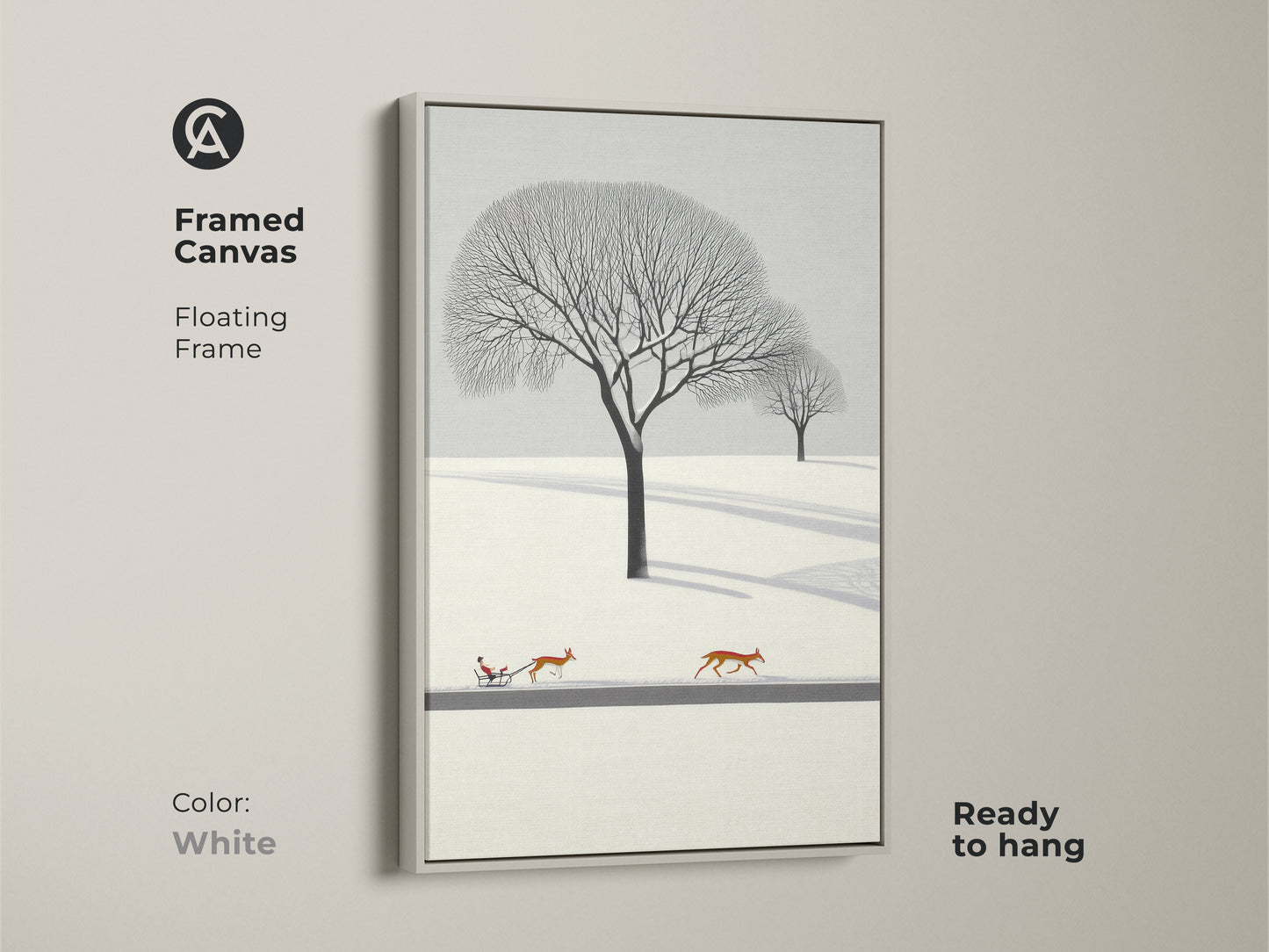 Framed canvas in white displays minimalist winter landscape wall art. Artwork shows deer pulling a sleigh. Scandinavian nature artwork for cozy bedroom wall decor. A great Christmas gift for nature lovers. The winter scene art print features flat design. A snow landscape canvas uses Nordic style home decor.