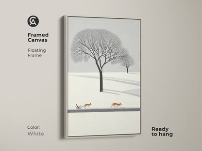 Framed canvas in white displays minimalist winter landscape wall art. Artwork shows deer pulling a sleigh. Scandinavian nature artwork for cozy bedroom wall decor. A great Christmas gift for nature lovers. The winter scene art print features flat design. A snow landscape canvas uses Nordic style home decor.