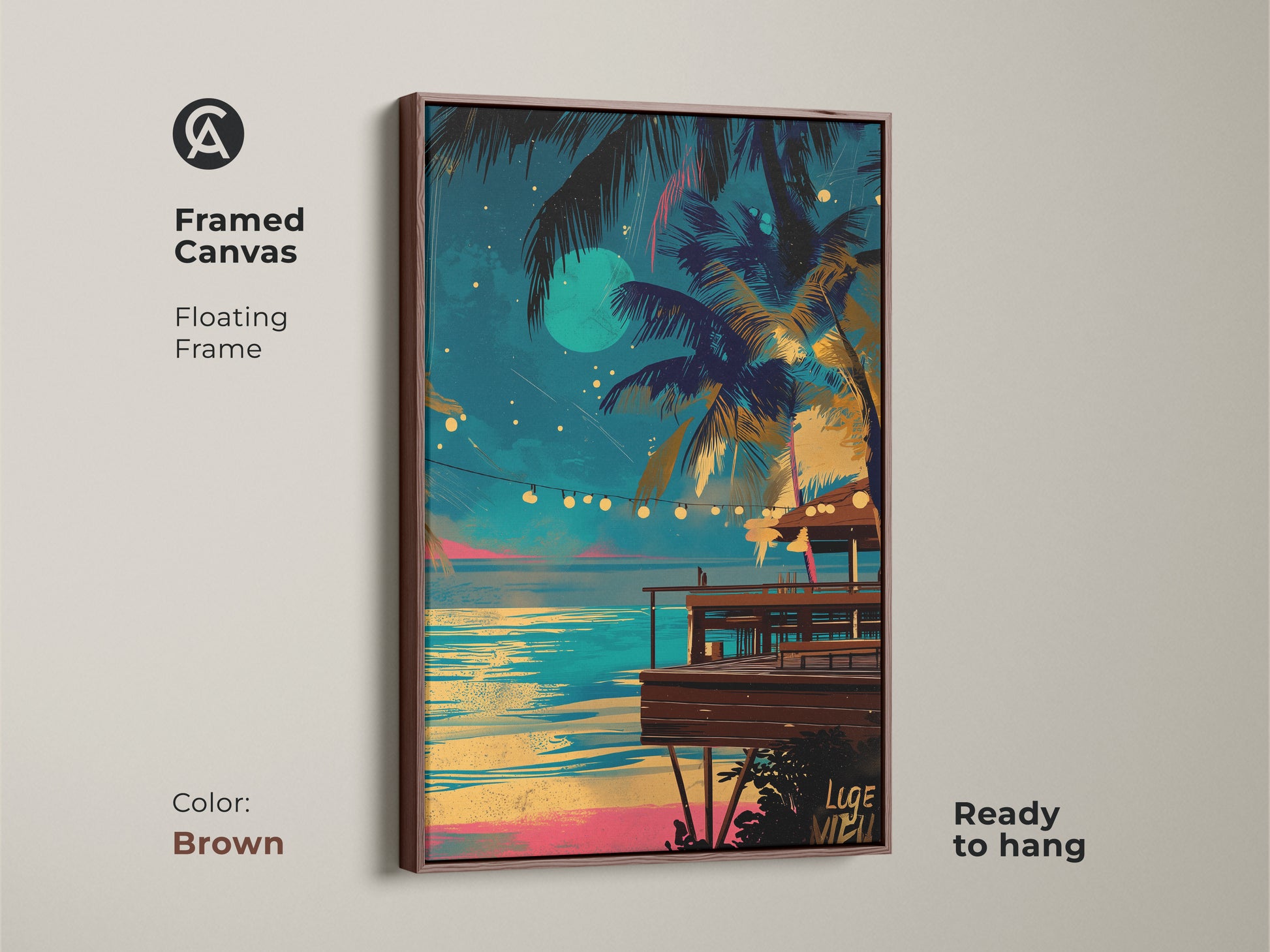 Framed canvas with a tropical beach bar night scene. An antique gold floating frame enhances the teal blue yellow artwork. Ready to hang this boho coastal wall decor adds a vacation vibe to any room. It is an ideal housewarming gift. The serene ocean view and palm trees create a relaxing atmosphere.