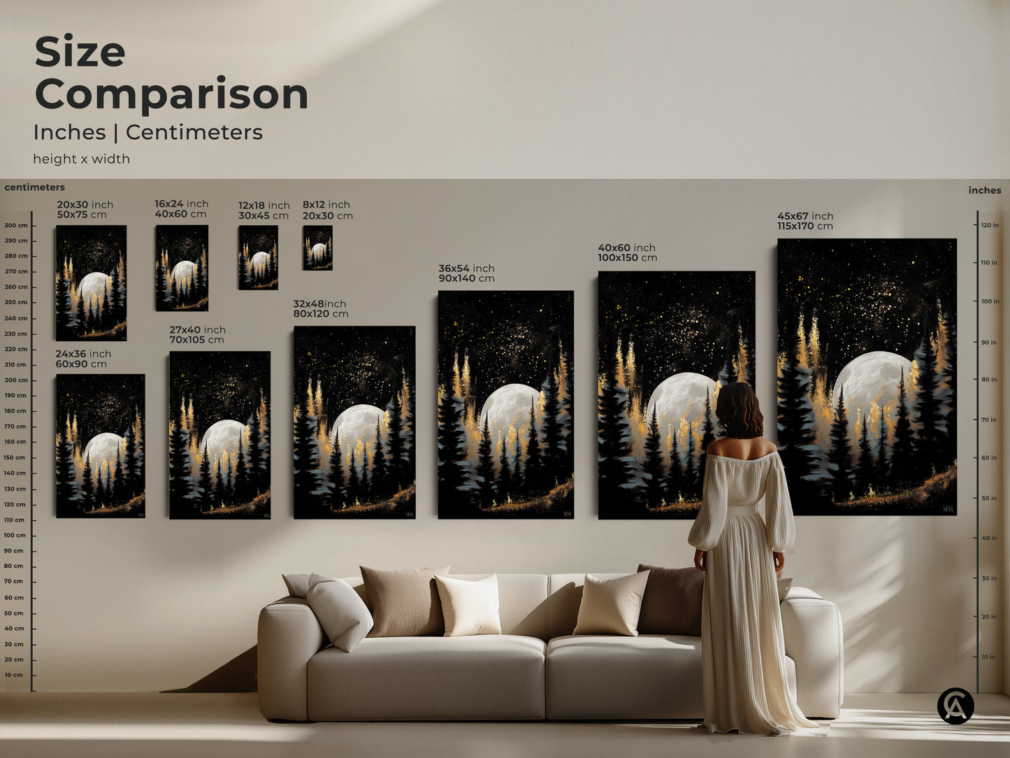 Compare sizes of our celestial moon and pine trees artwork in inches and centimeters. This gold galaxy forest art print is perfect for any room. Visualize how each size fits with our size comparison guide. From small accents to large statement pieces this artwork enhances your home decor.