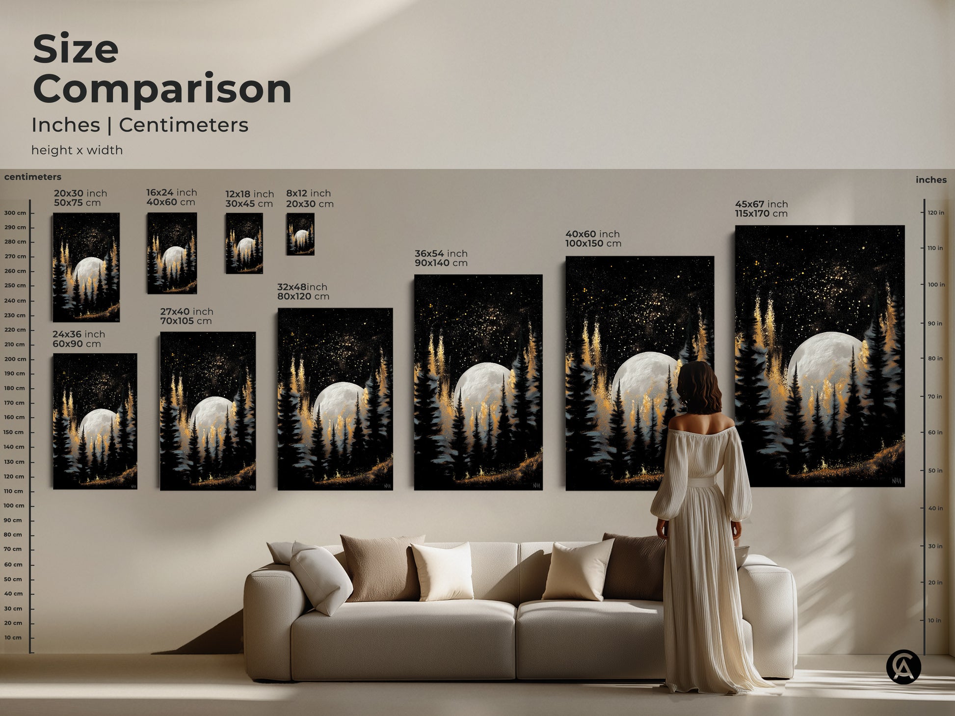 Compare sizes of our celestial moon and pine trees artwork in inches and centimeters. This gold galaxy forest art print is perfect for any room. Visualize how each size fits with our size comparison guide. From small accents to large statement pieces this artwork enhances your home decor.