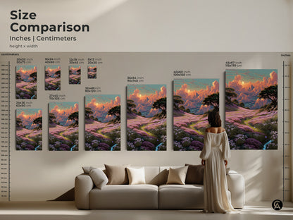 Size comparison of landscape artwork in inches and centimeters. Available sizes range from 20x30 cm to 45x67 inches. The dreamy landscape features clouds and a flower field. The bohemian nature scenery is pink orange and teal. Perfect for adding a touch of magic to your living room decor.