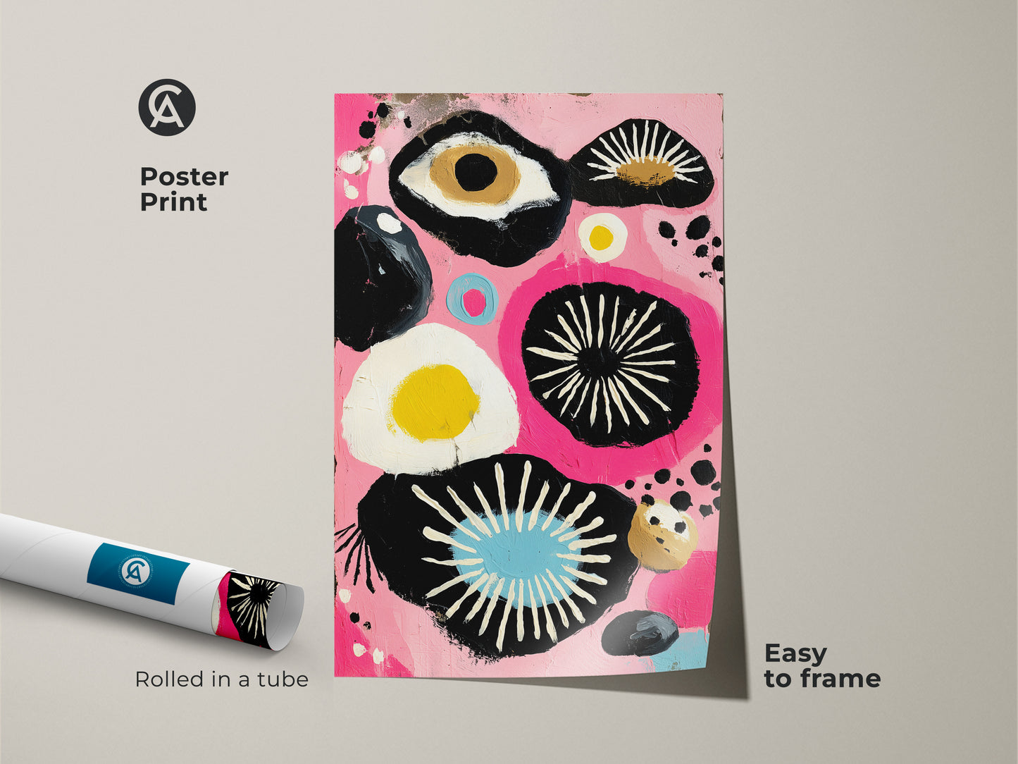 Poster print of abstract eye artwork rolled in a tube. Pink abstract canvas is easy to frame. Black yellow floral print brings color to any room. Adds eclectic living room art to your space.