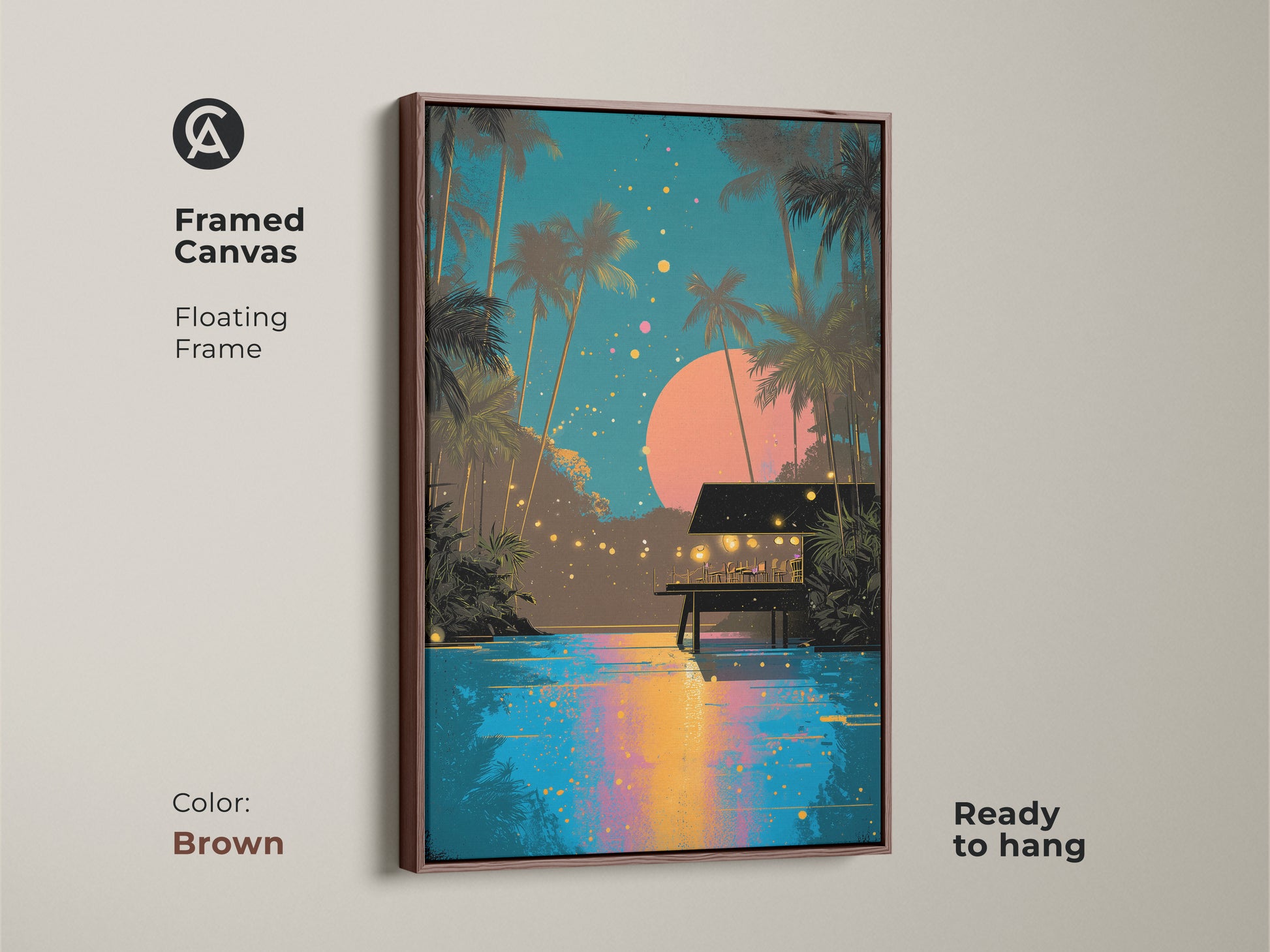Framed canvas with a brown floating frame showing retro tropical art. The piece features palm trees a beach hut and a starry night creating a boho coastal aesthetic. This ready to hang teal and pink art is a unique travel gift.
