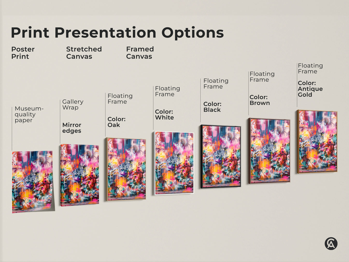 Explore the print presentation options for graffiti-style artwork. Choose from poster prints stretched canvases and framed canvases. Customize your art with floating frames in oak white black brown and antique gold. Find the perfect style to match your decor.