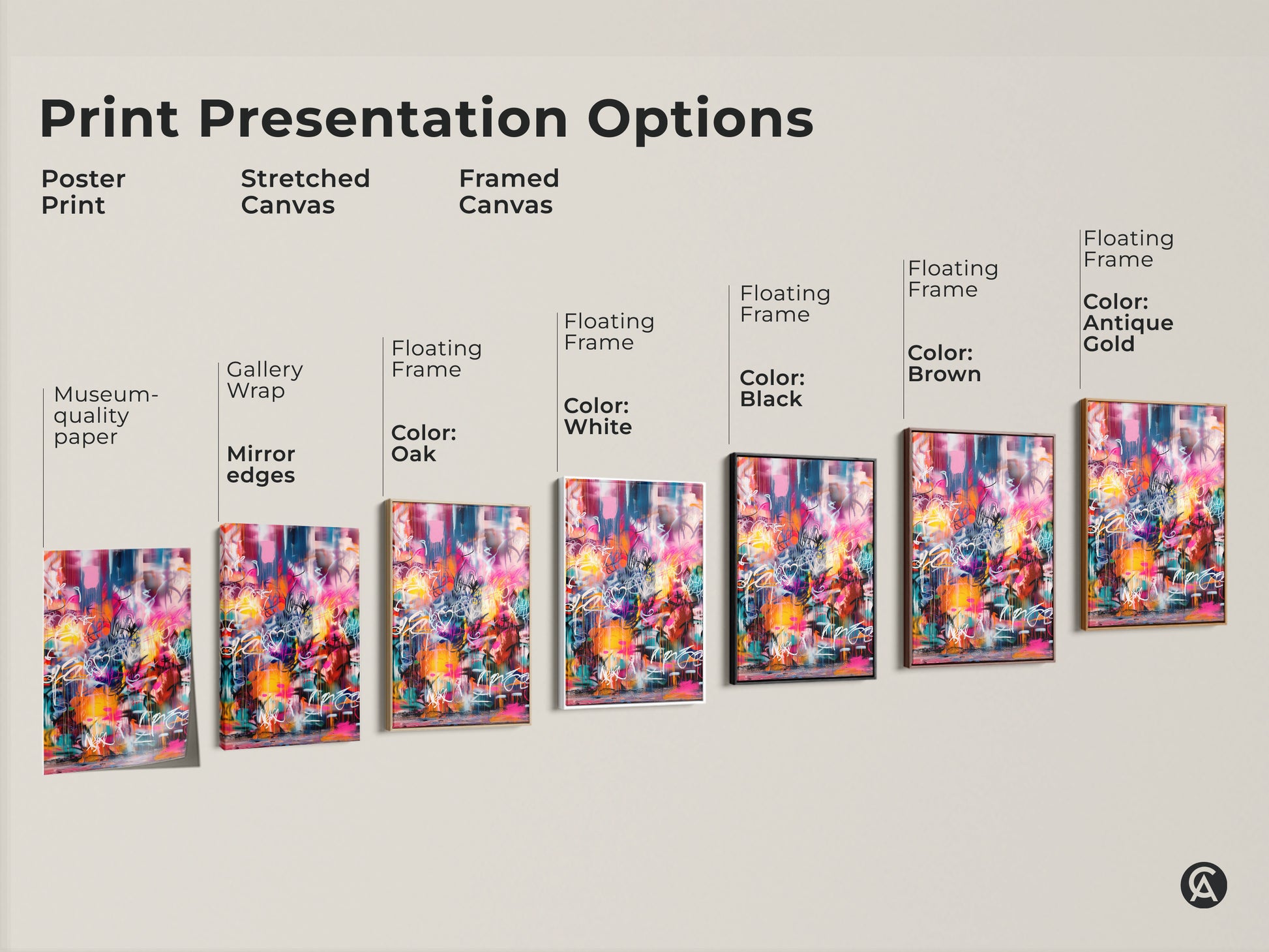 Explore the print presentation options for graffiti-style artwork. Choose from poster prints stretched canvases and framed canvases. Customize your art with floating frames in oak white black brown and antique gold. Find the perfect style to match your decor.