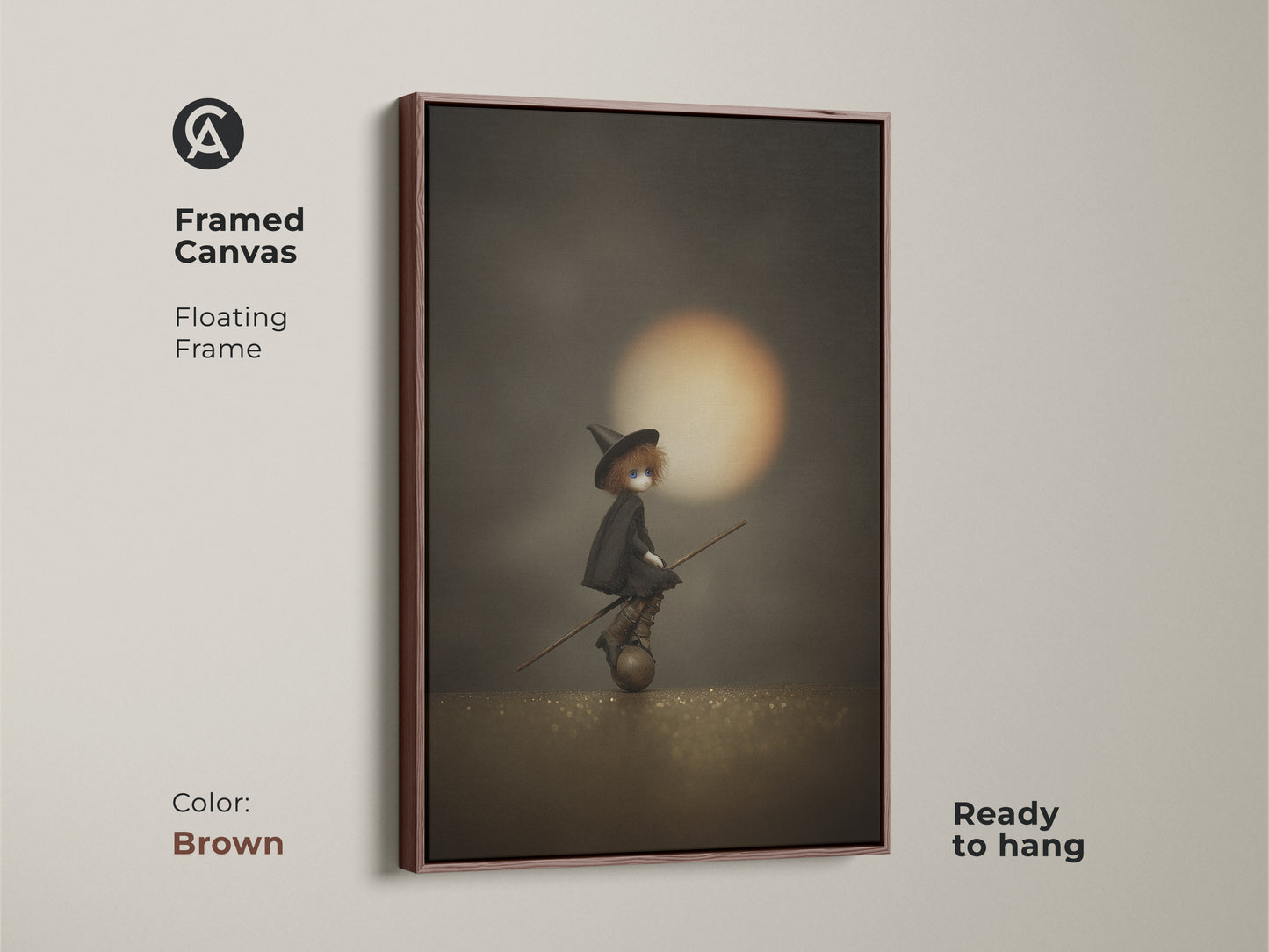 Framed canvas of witch doll on broomstick art in a brown floating frame. This gothic Halloween wall art is ready to hang. The sepia orange fantasy print is perfect for moody gothic home decor. It's a unique witch art print.