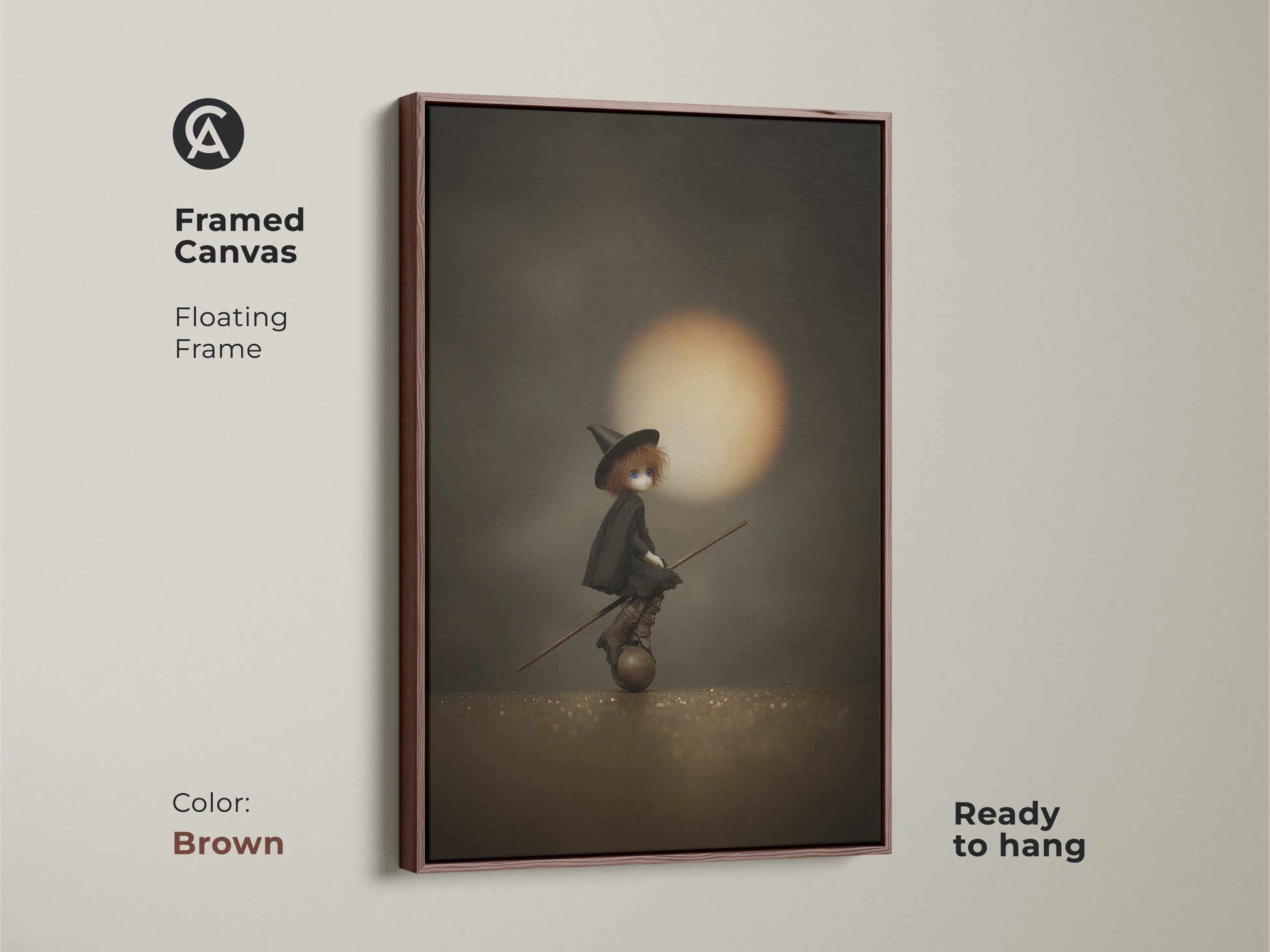Framed canvas of witch doll on broomstick art in a brown floating frame. This gothic Halloween wall art is ready to hang. The sepia orange fantasy print is perfect for moody gothic home decor. It's a unique witch art print.