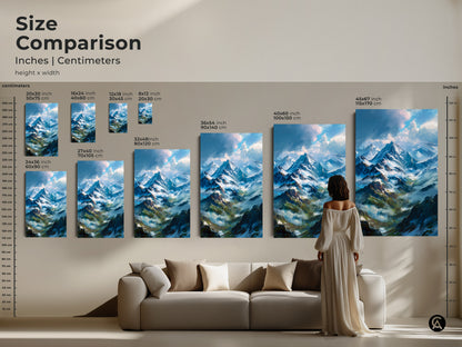 Size comparison of snow-capped mountain landscape art prints. View canvas and poster options in various sizes. See how the artwork complements your living space. Perfect wall decor for any home.