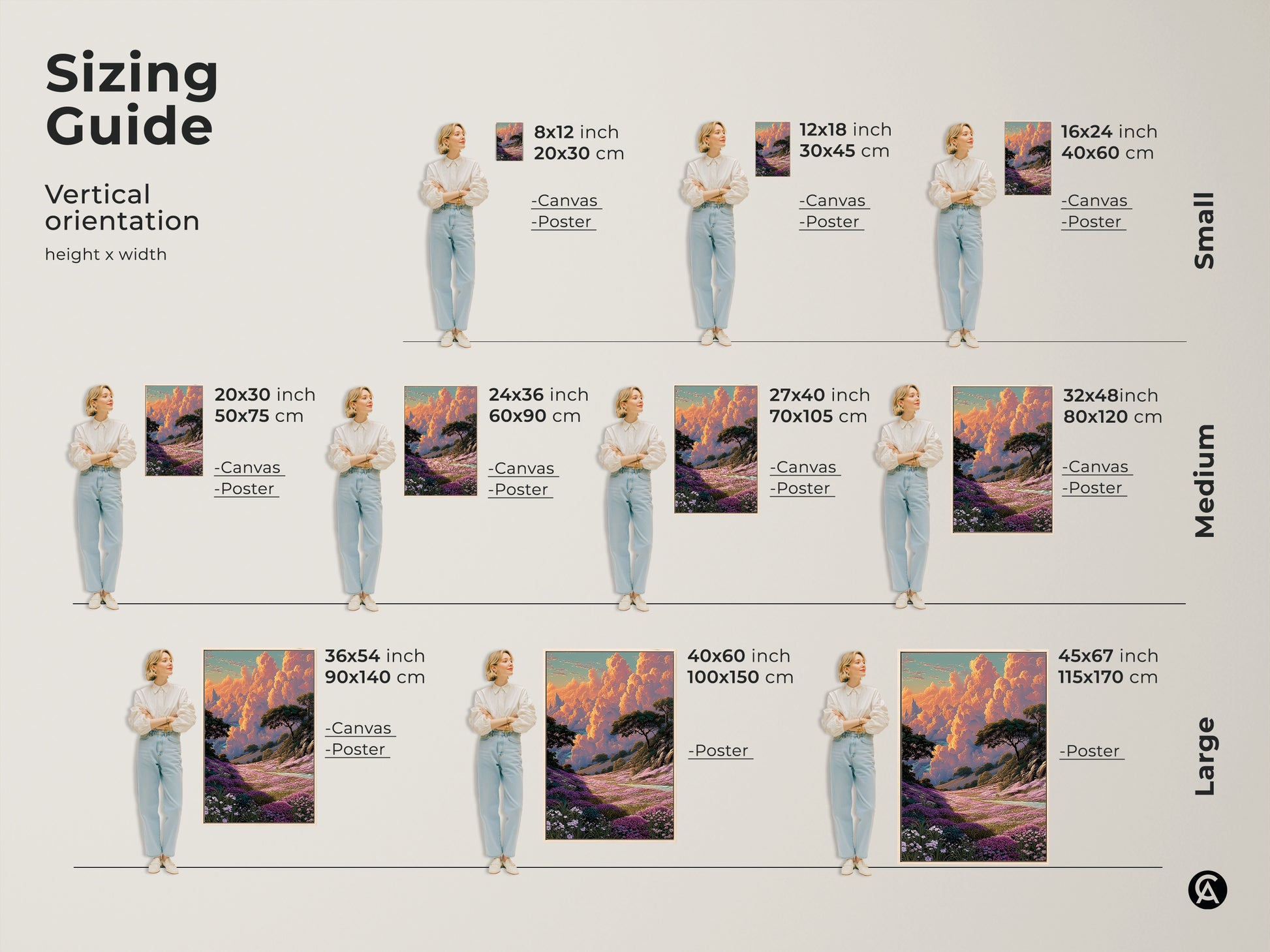 Sizing guide for vertical orientation fantasy landscape artwork. Available in small medium and large sizes. Visualize the art in 8x12 inch 24x36 inch and 45x67 inch options. Perfect for canvas or poster prints to enhance your space.
