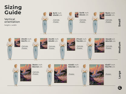 Sizing guide for vertical orientation fantasy landscape artwork. Available in small medium and large sizes. Visualize the art in 8x12 inch 24x36 inch and 45x67 inch options. Perfect for canvas or poster prints to enhance your space.