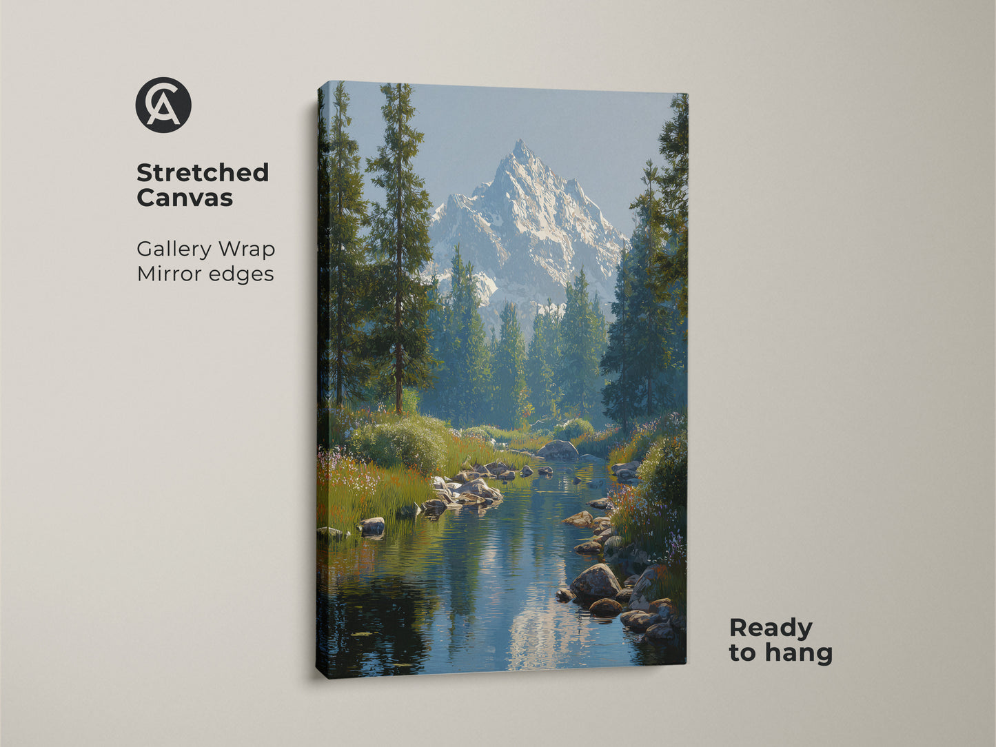 Stretched canvas print of a majestic mountain river landscape. A snowy peak stands tall amidst a pine tree forest. This gallery-wrapped artwork is ready to hang. It adds a touch of rustic nature to your walls. Perfect for nature lovers and outdoor enthusiasts.