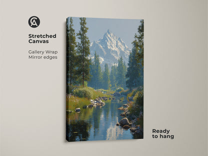 Stretched canvas print of a majestic mountain river landscape. A snowy peak stands tall amidst a pine tree forest. This gallery-wrapped artwork is ready to hang. It adds a touch of rustic nature to your walls. Perfect for nature lovers and outdoor enthusiasts.