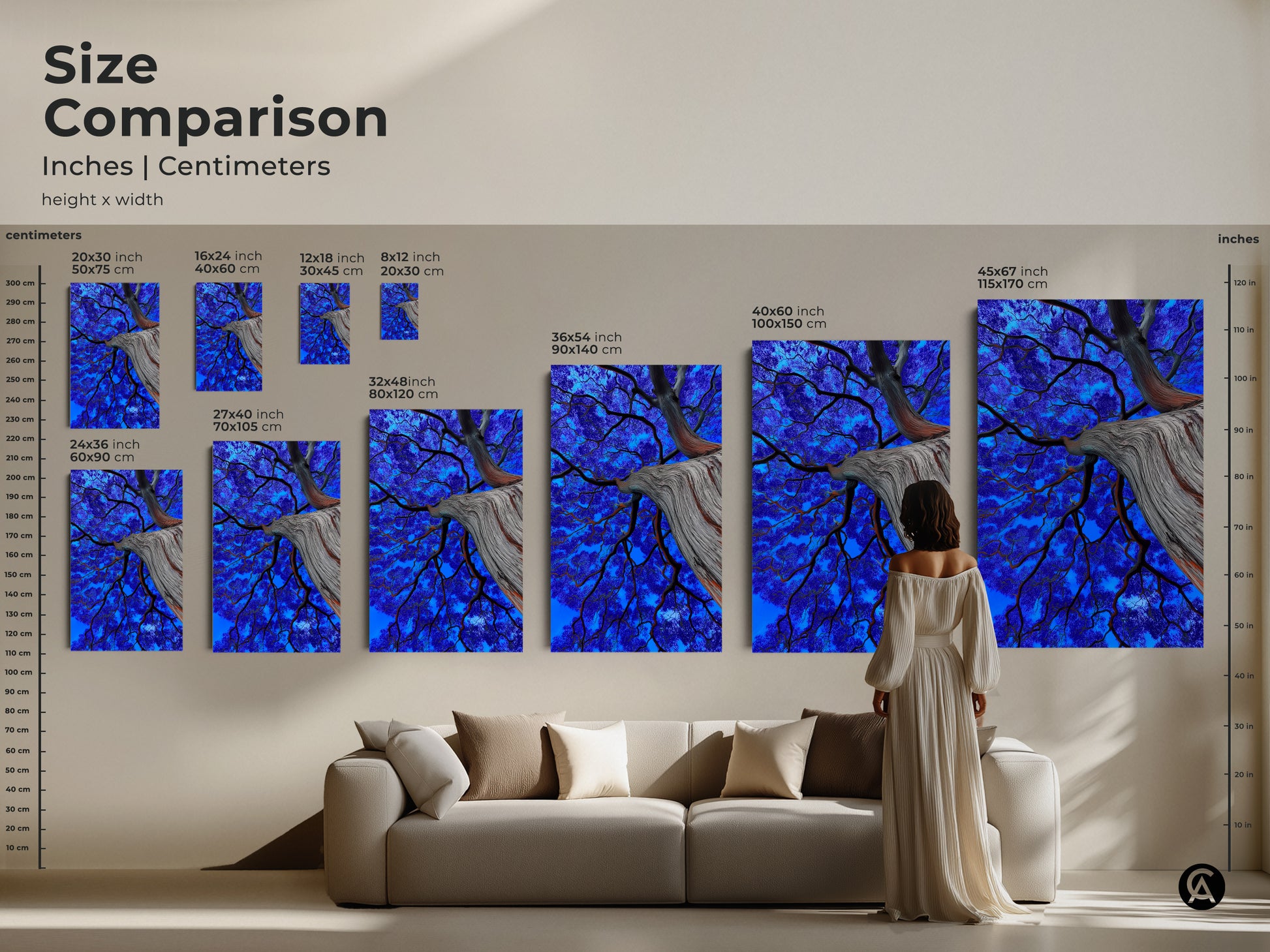 Size comparison of abstract botanical artwork. See how the electric blue tree canvas art fits above a sofa. Various sizes available to suit your wall decor needs. Choose the ideal size for your surreal nature wall art.