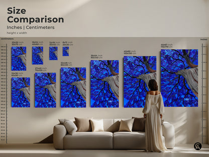 Size comparison of abstract botanical artwork. See how the electric blue tree canvas art fits above a sofa. Various sizes available to suit your wall decor needs. Choose the ideal size for your surreal nature wall art.