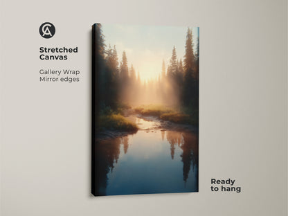 A stretched canvas gallery wrap print shows a river flowing through a pine forest. Golden sunlight streams through the trees. Ready to hang this mirror edged canvas brings Scandinavian nature art to your home.