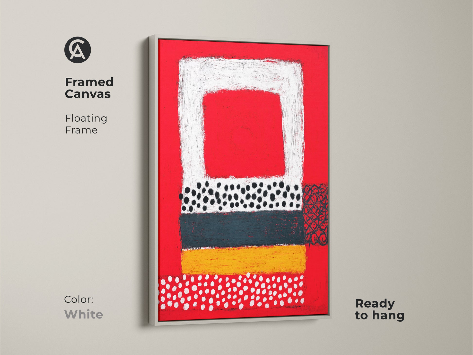 Framed canvas floating frame in white showcasing an abstract geometric wall art. This modern art print features a bold red background. White yellow teal and black shapes create an eclectic look. Ready to hang and will enhance any space.