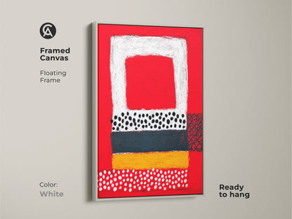 Framed canvas floating frame in white showcasing an abstract geometric wall art. This modern art print features a bold red background. White yellow teal and black shapes create an eclectic look. Ready to hang and will enhance any space.