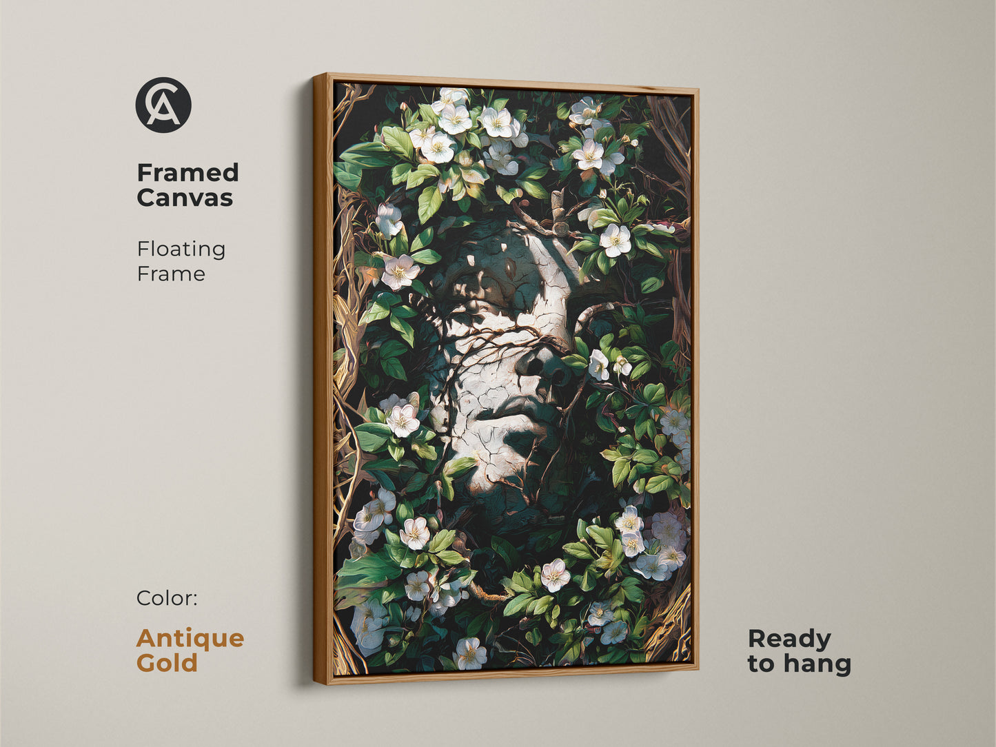 Antique Gold Framed Canvas of a Surreal face botanical artwork. This floating frame is ready to hang. This Gothic dark academia art print showcases white flowers and greenery. A perfect art for eclectic home decor.