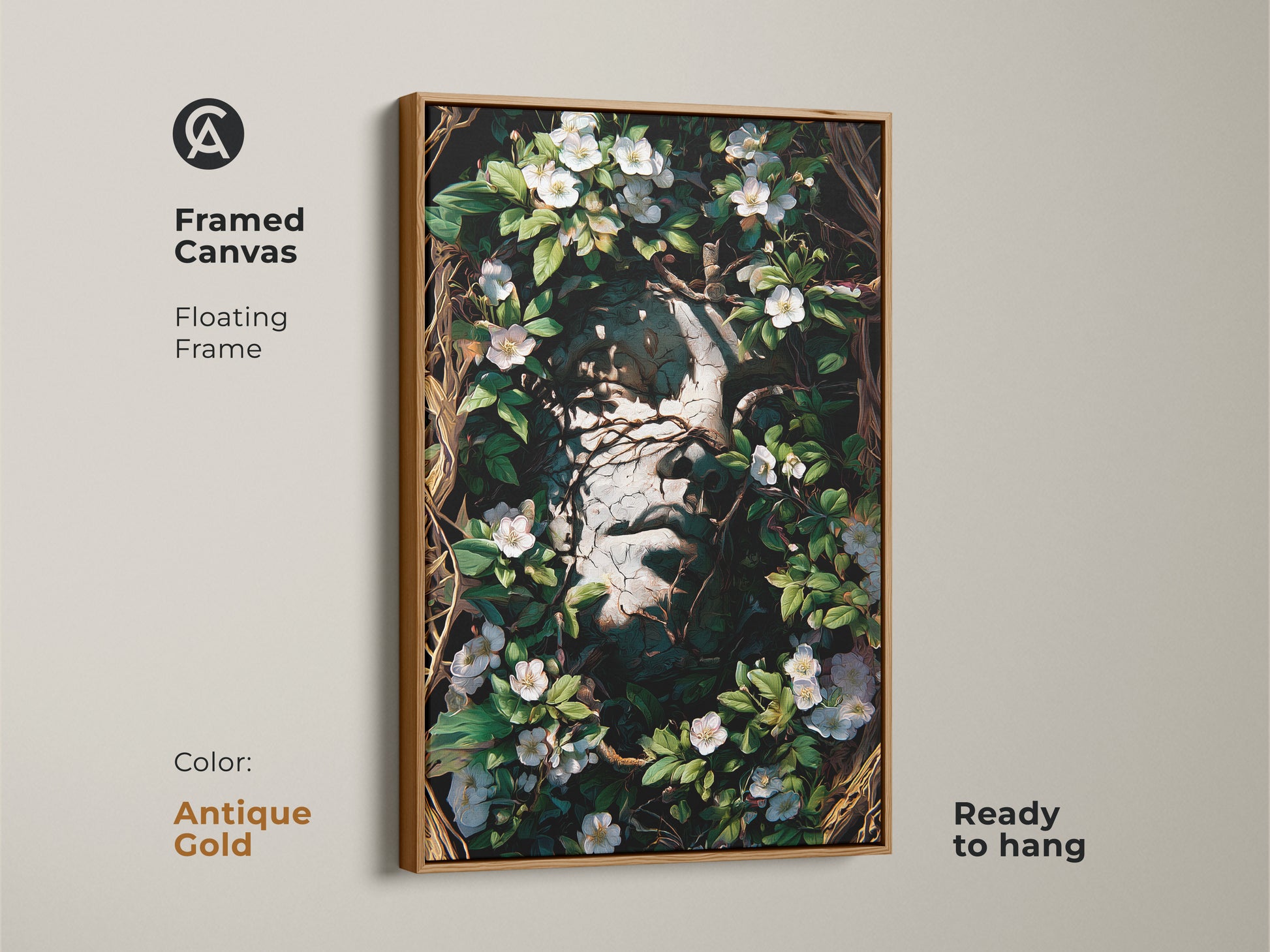 Antique Gold Framed Canvas of a Surreal face botanical artwork. This floating frame is ready to hang. This Gothic dark academia art print showcases white flowers and greenery. A perfect art for eclectic home decor.