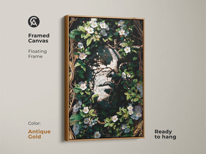 Antique Gold Framed Canvas of a Surreal face botanical artwork. This floating frame is ready to hang. This Gothic dark academia art print showcases white flowers and greenery. A perfect art for eclectic home decor.