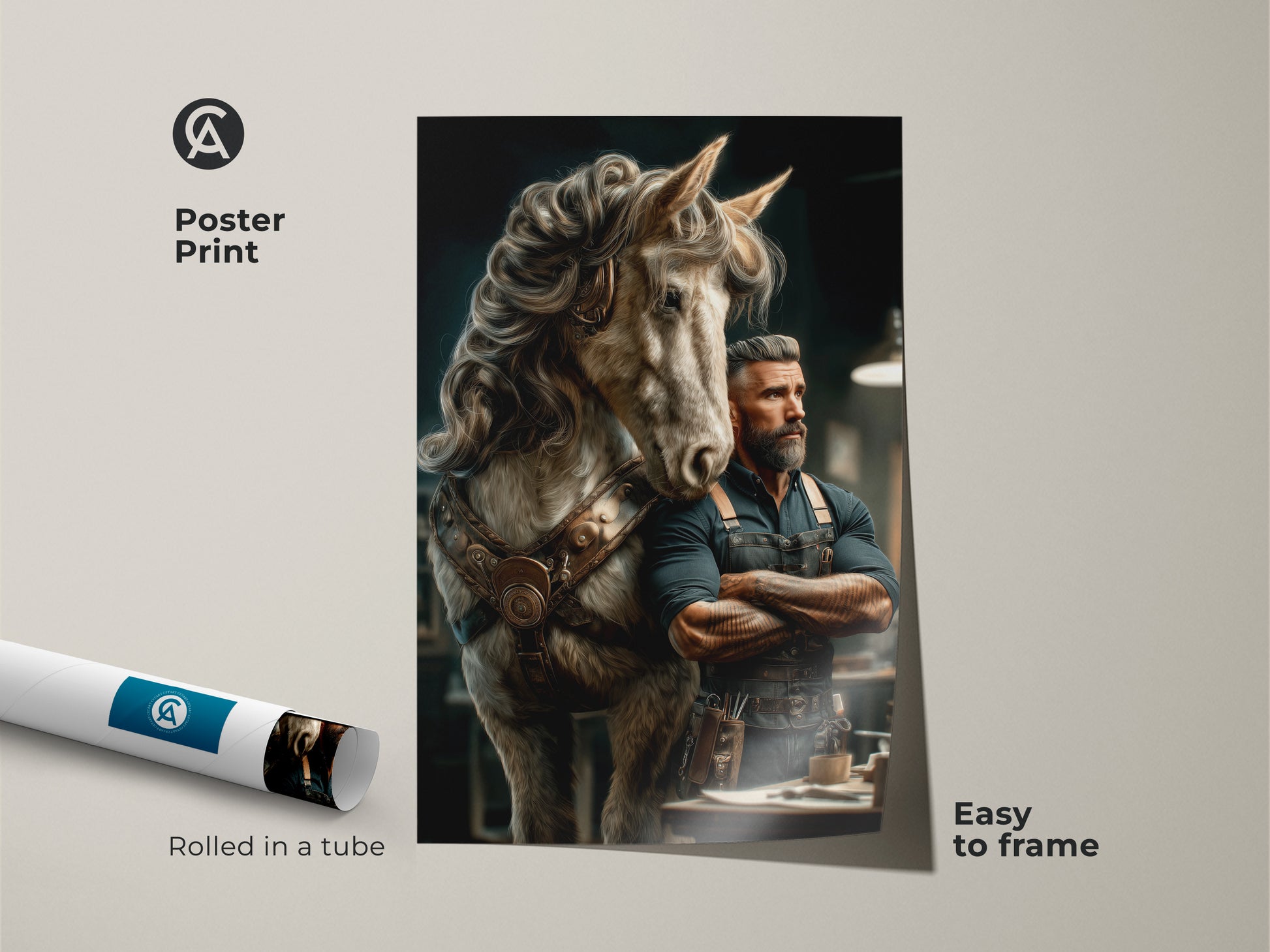 Poster print of a steampunk man and horse in a workshop setting. This fantasy canvas print is easy to frame. It's rolled in a tube for convenient shipping. Eclectic wall decor ideal as a study room artwork. A unique gift for horse lovers. The beige and gold tones add warmth.