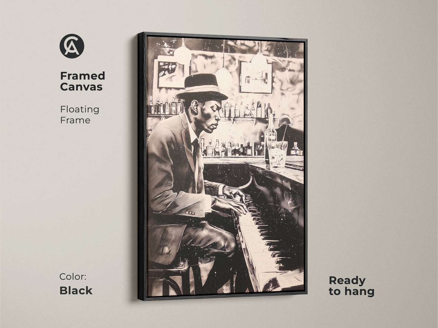 This framed canvas print features a floating frame in black showcasing a man playing piano at a bar. Ready to hang this artwork adds musical elegance to any room. The black frame enhances the monochrome art. Elevate your home decor with this stylish piano art print.
