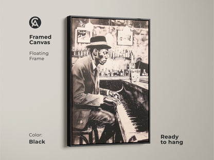 This framed canvas print features a floating frame in black showcasing a man playing piano at a bar. Ready to hang this artwork adds musical elegance to any room. The black frame enhances the monochrome art. Elevate your home decor with this stylish piano art print.