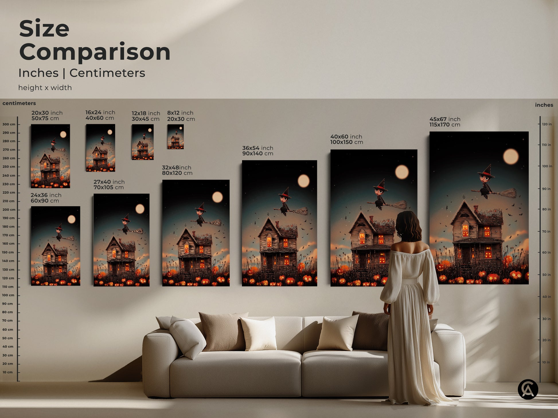Size comparison featuring a cute witch Halloween canvas print. Artwork shows inches and centimeters. Various sizes make it easy to find the ideal art for your space. Enhance your home with dark blue orange spooky fantasy art perfect for any eclectic space.