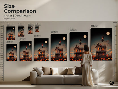 Size comparison featuring a cute witch Halloween canvas print. Artwork shows inches and centimeters. Various sizes make it easy to find the ideal art for your space. Enhance your home with dark blue orange spooky fantasy art perfect for any eclectic space.