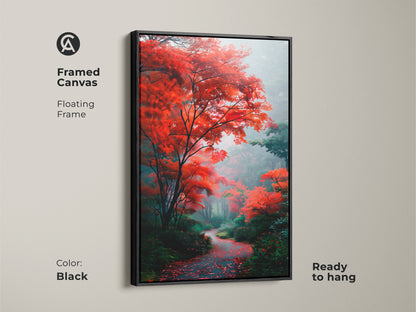Enhance your home decor with this framed canvas art. The floating frame in black complements the vibrant autumn forest scene. Ready to hang this artwork will bring a touch of sophistication to any room. The scene shows a path covered in fallen leaves.