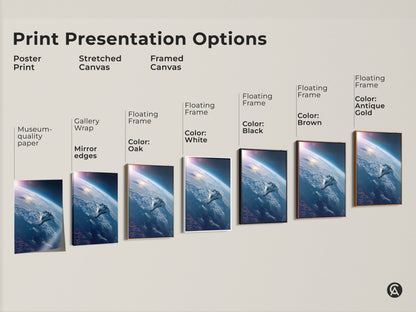 Print Presentation Options. See the Poster Print Stretched Canvas and Framed Canvas. Each features Sci-Fi Space artwork with a futuristic spaceship over Earth in deep blue tones.