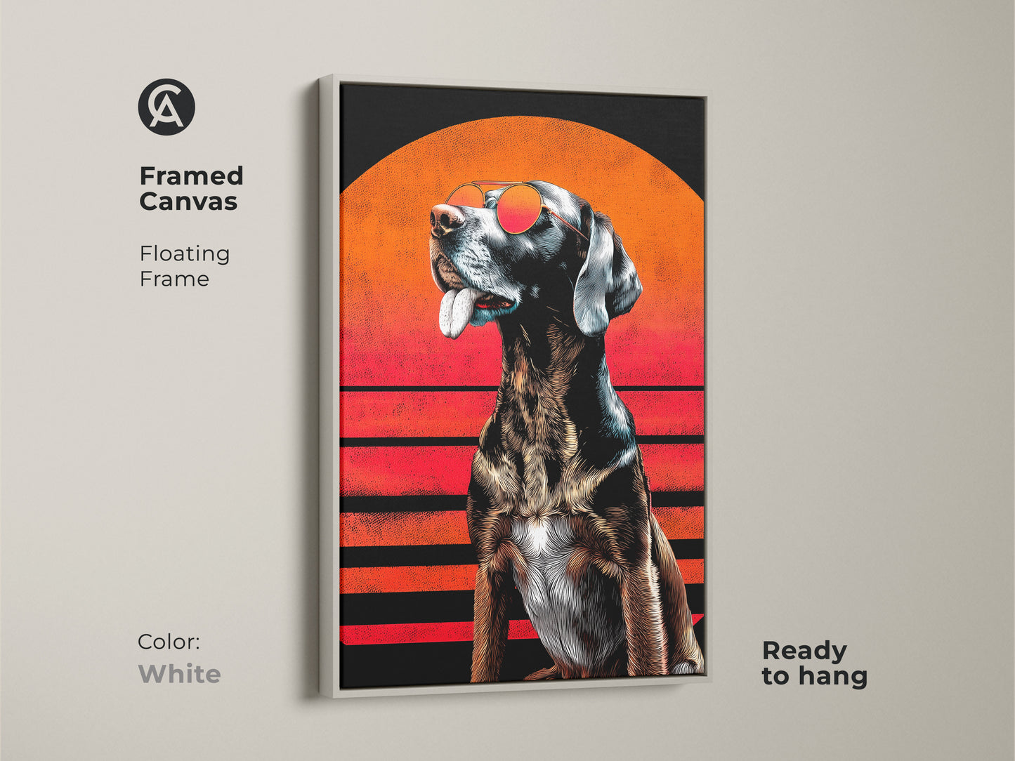 White framed canvas of a retro pop art dog with sunglasses. Set against an orange and black sunset. Ready to hang pet art. This is a cool animal artwork. A vibrant piece. Perfect for eclectic home decor. A unique wall decor item.