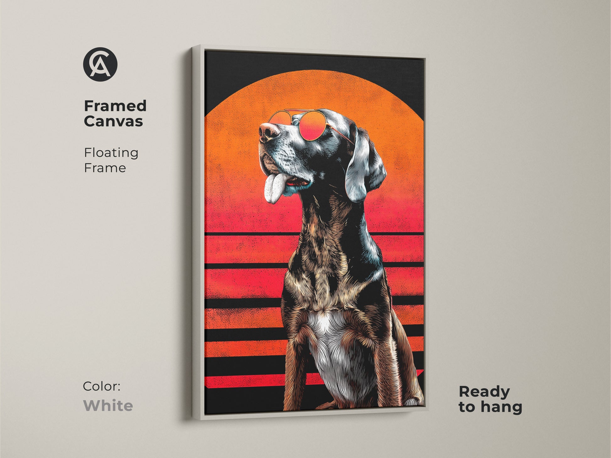White framed canvas of a retro pop art dog with sunglasses. Set against an orange and black sunset. Ready to hang pet art. This is a cool animal artwork. A vibrant piece. Perfect for eclectic home decor. A unique wall decor item.