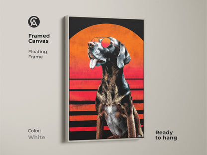 White framed canvas of a retro pop art dog with sunglasses. Set against an orange and black sunset. Ready to hang pet art. This is a cool animal artwork. A vibrant piece. Perfect for eclectic home decor. A unique wall decor item.