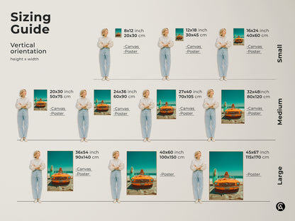Sizing guide for vertical orientation artwork featuring a vintage orange Mustang at the beach. Available in various sizes for canvas and poster prints. Find the perfect fit for your space. This summer-themed art adds a pop of color. Choose from small medium and large sizes to suit your wall decor needs.
