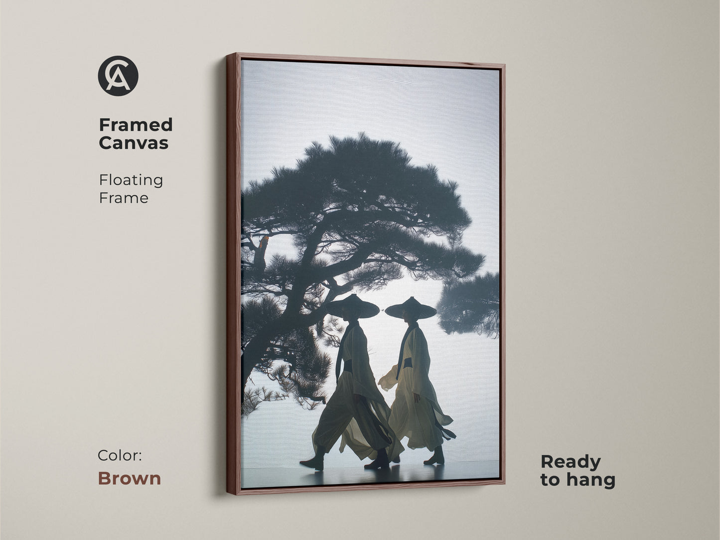 Framed canvas art featuring silhouetted figures under a pine tree. The Japandi wall decor has a floating frame. This dark blue beige canvas is ready to hang in a brown frame. A minimalist home office art or a thoughtful travel gift.